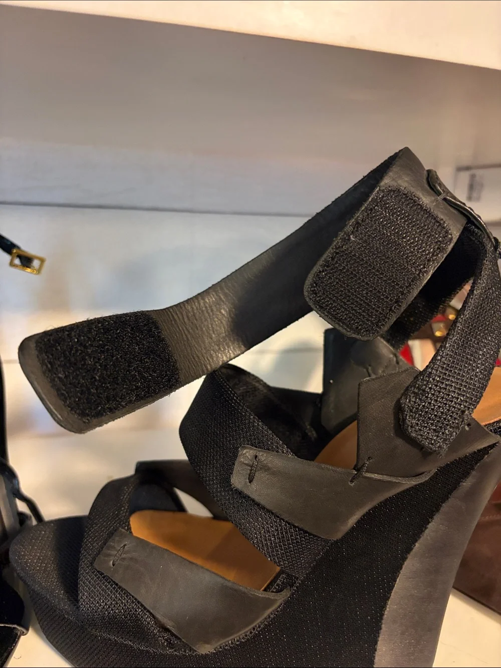 L.A.M.B. Black Leather Ankle-Strap Platform Wedges